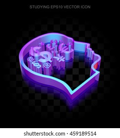 Studying icon: 3d neon glowing Head With Finance Symbol made of glass with transparent shadow on black background, EPS 10 vector illustration.