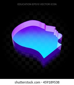 Studying icon: 3d neon glowing Head made of glass with transparent shadow on black background, EPS 10 vector illustration.