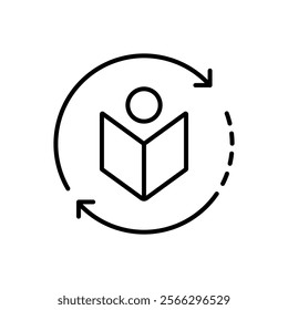  studying icon,
A person reading a book is surrounded by a continuous circle, symbolizing continuous education. Ideal for educational and training materials.