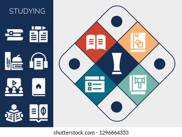  studying icon set. 13 filled studying icons. Simple modern icons about  - Glass, Read, Book, Learning, Books, Audiobook, Learn