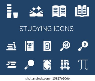studying icon set. 14 filled studying icons.  Simple modern icons such as: Glass, Book, Books, Bookshelf, Magnifying glass, Pi