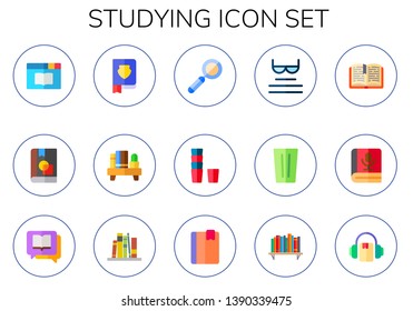studying icon set. 15 flat studying icons.  Collection Of - book, bookshelf, magnifying glass, glass, read, open book, literature, audiobook