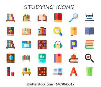 studying icon set. 30 flat studying icons.  Collection Of - bookshelf, open book, book, magnifying glass, read, books, reading, audiobook, vocabulary, glass