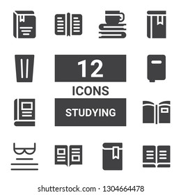 studying icon set. Collection of 12 filled studying icons included Book, Read, Books, Glass