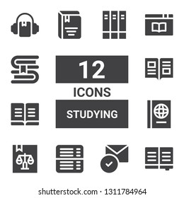 studying icon set. Collection of 12 filled studying icons included Book, Read, Audiobook, Books