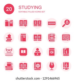 studying icon set. Collection of 20 filled studying icons included Book, Book shelf, Magnifying glass, Books, Read, Ibooks, Glass, Science book