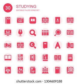 studying icon set. Collection of 30 filled studying icons included Book, Ibooks, Read, Reading mode, Glass, Magnifying glass, Books, Vocabulary, Bookcase, Diary