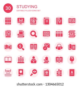 studying icon set. Collection of 30 filled studying icons included Books, Reading mode, Book, Magnifying glass, Read, Audiobook, Glass