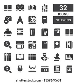 studying icon set. Collection of 32 filled studying icons included Book, Read, Glass, Magnifying glass, Books, Reading, Diary, Bookshelf, Bookcase, Vocabulary