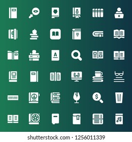 studying icon set. Collection of 36 filled studying icons included Audiobook, Book, Books, Glass, Magnifying glass, Book shelf, Read, Reading mode, Ibooks, Diary, Science book