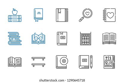 studying icons set. Collection of studying with book, audiobook, bookshelf, open book, books, diary, magnifying glass. Editable and scalable studying icons.