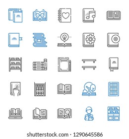 studying icons set. Collection of studying with bookshelf, reading, open book, bookcase, book, books, audiobook, diary. Editable and scalable studying icons.