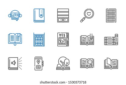 studying icons set. Collection of studying with open book, book, audiobook, books, bookshelf, bookcase, magnifying glass. Editable and scalable studying icons.