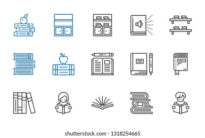 studying icons set. Collection of studying with reading, books, open book, book, bookshelf, audiobook. Editable and scalable studying icons.
