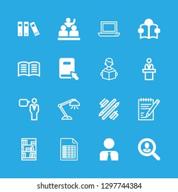 studying icons set with document with tables, class notes and study lamp on vector set