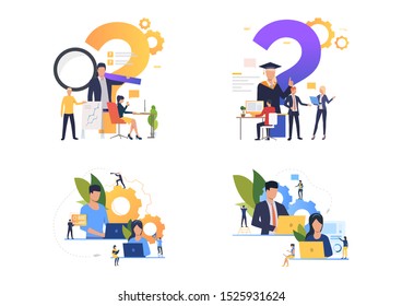Studying illustration set. Person wearing graduation hat, pointing at question mark and gear, using computer. Education concept. Vector illustration for posters, presentations, landing pages