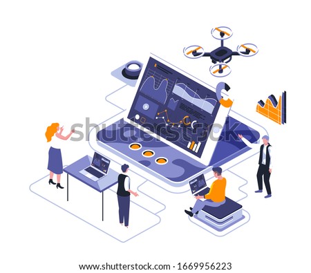 Studying infographic isometric landing page vector template. Business data analytics website homepage UI illustration layout. Market development dynamics research web banner isometry concept