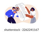 Studying information, case in business paper document. Checking, analyzing, inspecting text, searching data, researching with magnifying glass. Flat vector illustration isolated on white background