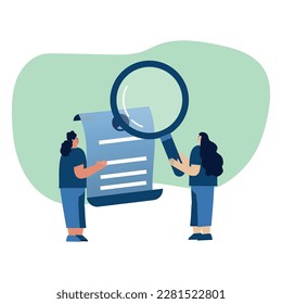 Estudiar información, caso en documento de trabajo. Verificar, analizar, inspeccionar texto, buscar datos, investigar con lupa. Ilustración vectorial plana aislada en fondo blanco.