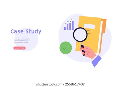 Studying information, facts. Concept of case study, searching business information, analyze of product features. Vector illustration in flat design for web banner