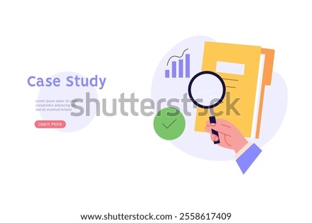 Studying information, facts. Concept of case study, searching business information, analyze of product features. Vector illustration in flat design for web banner