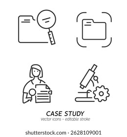 Studying information and facts icon set. Collection of case study, searching business information, analyze of product features vector flat outline icons. Editable stroke