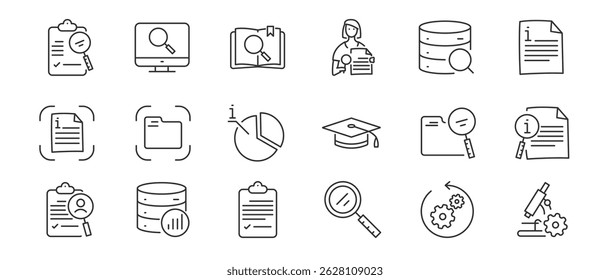 Studying information and facts icon set. Collection of case study, searching business information, analyze of product features vector flat outline icons. Editable stroke