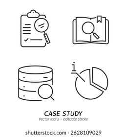 Studying information and facts icon set. Collection of case study, searching business information, analyze of product features vector flat outline icons. Editable stroke
