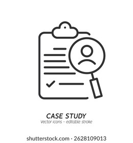 Studying information and facts single icon. Concept of case study, searching business information, analyze of product features vector flat outline icon. Editable stroke
