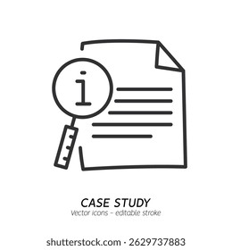 Studying information and facts single icon. Concept of case study, searching business information, analyze of product features vector flat outline icon. Editable stroke