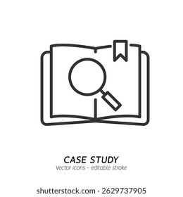 Studying information and facts single icon. Concept of case study, searching business information, analyze of product features vector flat outline icon. Editable stroke