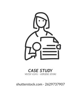 Studying information and facts single icon. Concept of case study, searching business information, analyze of product features vector flat outline icon. Editable stroke
