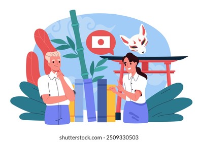 Studying Japanese language. Man and woman near bamboo and traditional asian buildings. Tourists prepare to travel. Education and learning. Flat vector illustration isolated on white background