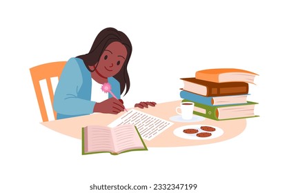 Studying kid student writing on sheet of paper vector illustration. Cartoon isolated education scene with girl sitting at table to study and write with pen, desk with pile of books and notebook