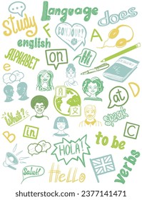 Lernen von Sprache auf Schulskizze doodle Hintergrund. Vektorhandgezeichnet.