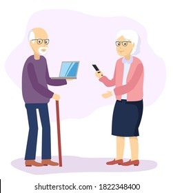 Studying laptop by elderly people concept. Technology spread oldster education active social life online communication senior couple with laptop and smart phone learning to use PC together.