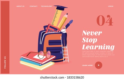 Studying, Learning, Education in College or University Landing Page Template. Tiny Female Character Put Educational Tools in Huge Backpack with Textbooks and Equipment. Cartoon Vector Illustration