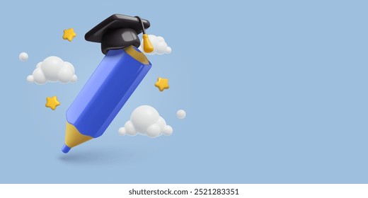 Studying, learning and educational 3D realistic vector illustration. Minimal blue pencil wearing student graduation hat with stars and clouds.