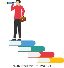 Studieren oder Lernen hilft, Ziele und Erfolg zu erreichen, Motivation oder Ehrgeiz, neue Fähigkeiten zu erlernen, Business-Education-Konzept, intelligente Geschäftsmann klettern auf einen Stapel Bücher, um die Zukunft zu sehen.