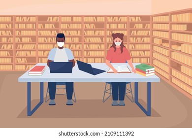 Studying in library flat color vector illustration. Pupils on laptop and books. Students in face masks studying at desk 2D cartoon characters with rows of bookshelves on background