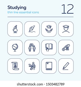 Studying line icon set. Microscope, graduation hat, book, diploma. Education concept. Can be used for topics like school, college, university, learning
