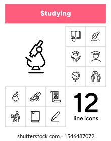 Studying line icon set. Microscope, graduation hat, book, diploma. Education concept. Can be used for topics like school, college, university, learning