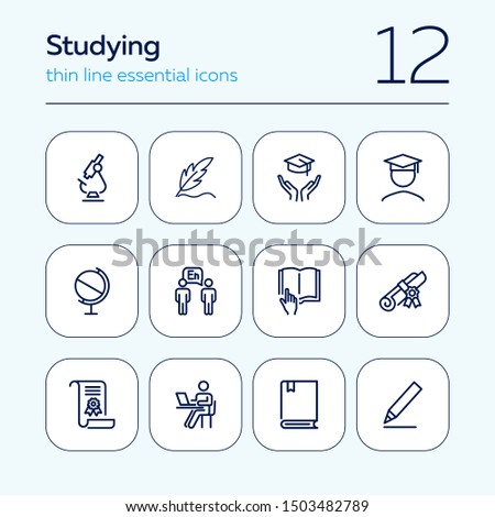 Studying line icon set. Microscope, graduation hat, book, diploma. Education concept. Can be used for topics like school, college, university, learning