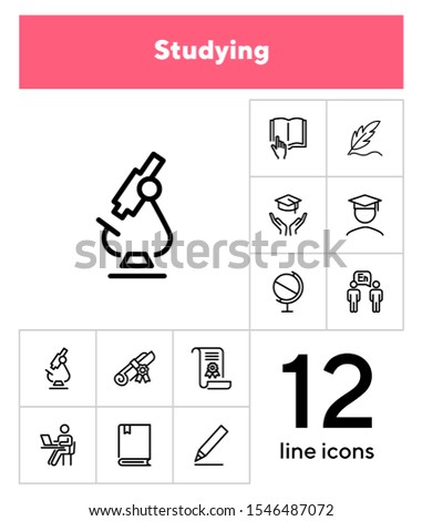 Studying line icon set. Microscope, graduation hat, book, diploma. Education concept. Can be used for topics like school, college, university, learning