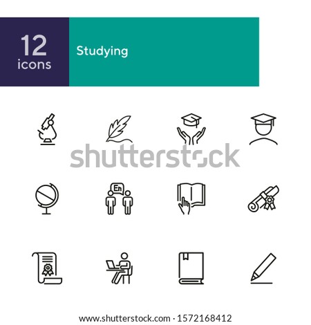 Studying line icon set. Microscope, graduation hat, book, diploma. Education concept. Can be used for topics like school, college, university, learning