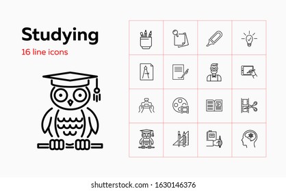 Studying line icon set. Professor, tutorial, owl. Education concept. Can be used for topics like distance learning, video content, training courses
