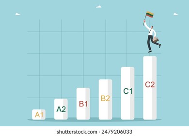 Studying Lithuanian language, online courses at language school, Lithuanian proficiency levels, future brilliant knowledge of a language, man with Lithuanian flag on top of graph with language levels.