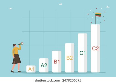 Estudiando lituano, cursos en línea en la escuela de idiomas, niveles de competencia de lituano, la mujer se para en el nivel inferior A1 y mira a través de un telescopio en el futuro brillante conocimiento del idioma.