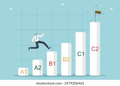 Studying Lithuanian language, online courses at language school, Lithuanian proficiency levels, future brilliant knowledge of a language, man runs on an ascending graph towards the Lithuanian flag.