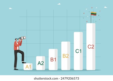 Studying Lithuanian language, online courses at language school, Lithuanian proficiency levels, man stands at lower level of A1 and looks through binoculars at Lithuanian flag at the top of the graph.